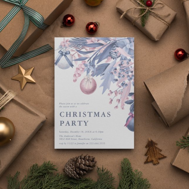 Girly Pink & Grey Winter Foliage Christmas Party I Invitation (Creator Uploaded)