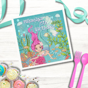 Girly Pink Hair Mermaid Under the Sea Birthday Napkin