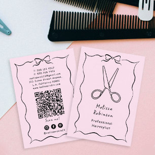 Girly Pink Hairstylist Scissors & Coquette QR Code Business Card