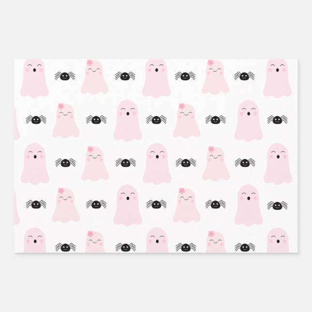 Girly Pink Halloween Monsters Childish Whimsical  Wrapping Paper Sheet (Front)