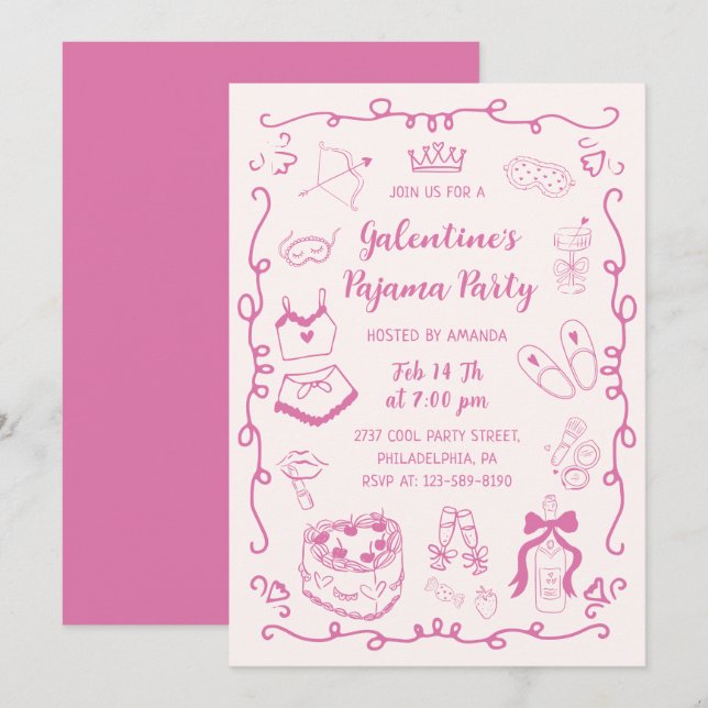Girly Pink Hand Drawn Galentine's Pajama Party Invitation (Front/Back)