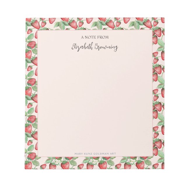 Girly Pink Hand-Illustrated Elegant Strawberry Notepad (Front)