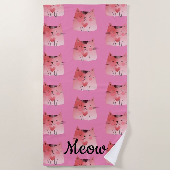 Girly Pink Heart Cats  Beach Towel (Front)
