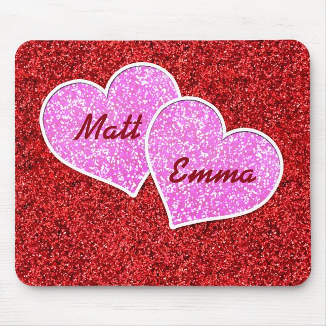 GIRLY PINK HEART RED GLITTER MOUSE PAD (Front)