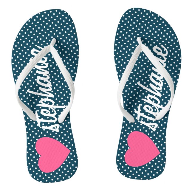 Girly Pink Heart with Trendy Polka Dots and Name Jandals (Footbed)