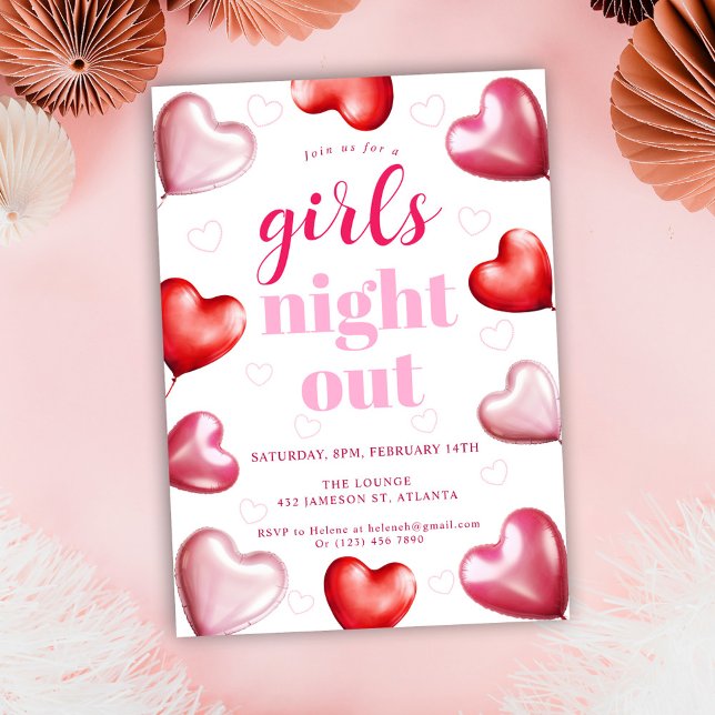 Girly Pink Hearts Birthday Girls Night Out Party Invitation (Girly Pink Cute Fun Girls Night Out Party Invitation)