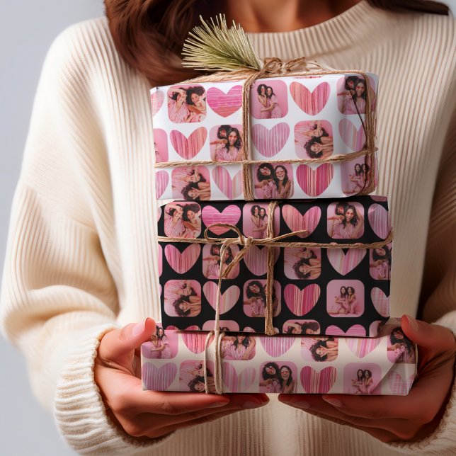 Girly Pink Hearts & Photo Collage Wrapping Paper Sheet (Creator Uploaded)