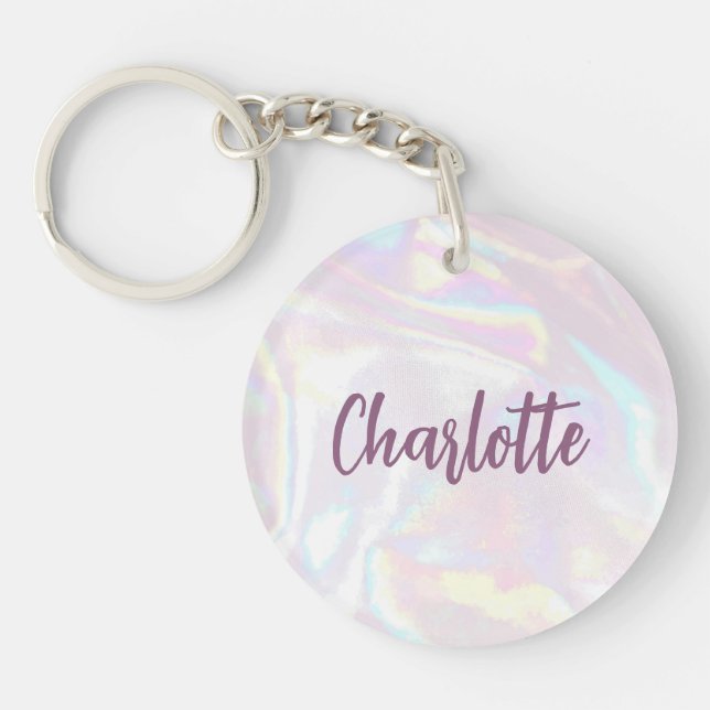 Girly Pink Holograph Custom Script Keychain (Front)