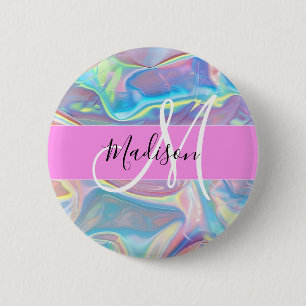 Girly Pink Holographic Iridescent Monogram Name 6 Cm Round Badge