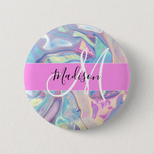 Girly Pink Holographic Iridescent Monogram Name 6 Cm Round Badge