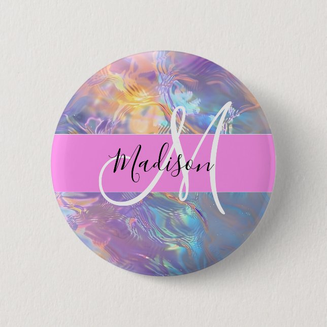 Girly Pink Holographic Iridescent Monogram Name 6 Cm Round Badge (Front)