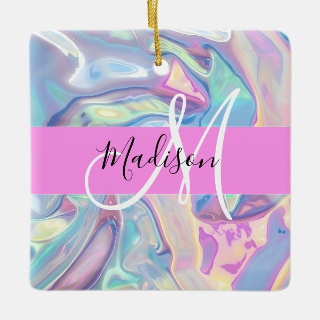 Girly Pink Holographic Iridescent Monogram Name Ceramic Ornament (Front)