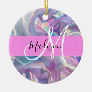 Girly Pink Holographic Iridescent Monogram Name Ceramic Tree Decoration