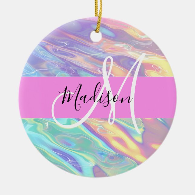 Girly Pink Holographic Iridescent Monogram Name Ceramic Tree Decoration (Front)