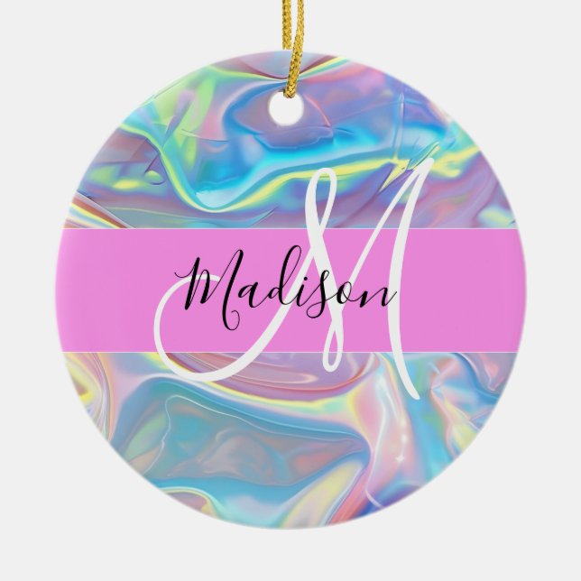 Girly Pink Holographic Iridescent Monogram Name Ceramic Tree Decoration (Front)