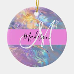 Girly Pink Holographic Iridescent Monogram Name Ceramic Tree Decoration