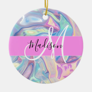 Girly Pink Holographic Iridescent Monogram Name Ceramic Tree Decoration
