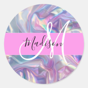 Girly Pink Holographic Iridescent Monogram Name Classic Round Sticker