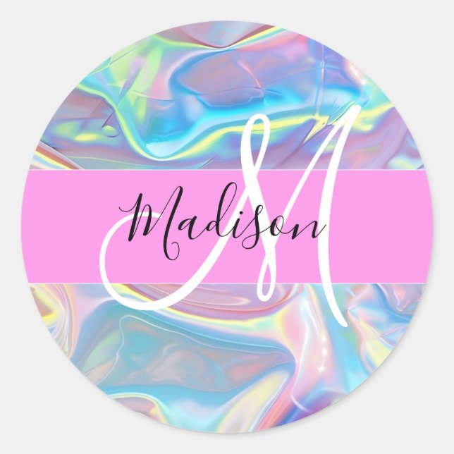 Girly Pink Holographic Iridescent Monogram Name Classic Round Sticker (Front)