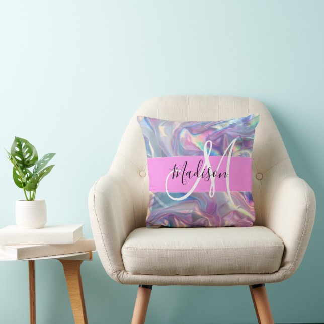 Girly Pink Holographic Iridescent Monogram Name Cushion (Chair)