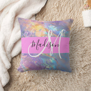 Girly Pink Holographic Iridescent Monogram Name Cushion