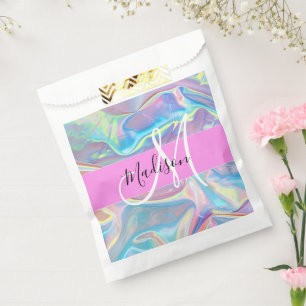 Girly Pink Holographic Iridescent Monogram Name Favour Bags
