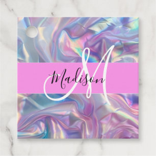 Girly Pink Holographic Iridescent Monogram Name Favour Tags