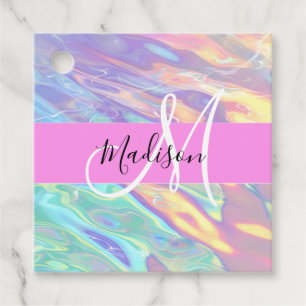 Girly Pink Holographic Iridescent Monogram Name Favour Tags