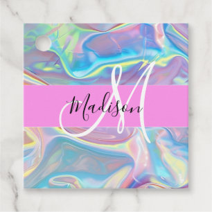 Girly Pink Holographic Iridescent Monogram Name Favour Tags