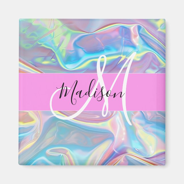 Girly Pink Holographic Iridescent Monogram Name Magnet (Front)