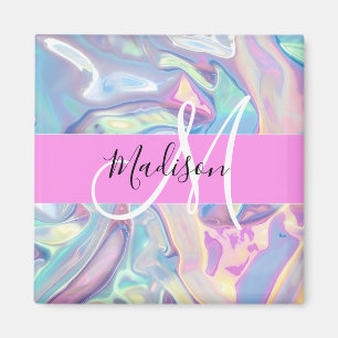 Girly Pink Holographic Iridescent Monogram Name Magnet