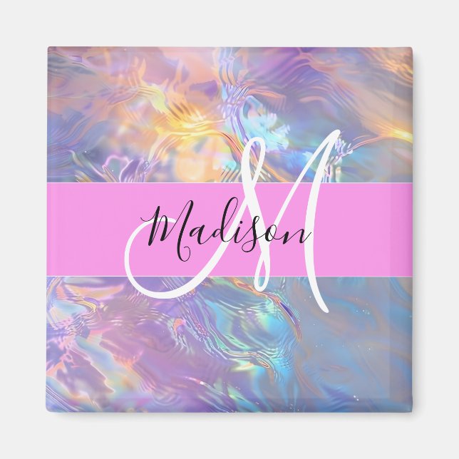 Girly Pink Holographic Iridescent Monogram Name Magnet (Front)
