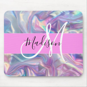 Girly Pink Holographic Iridescent Monogram Name Mouse Pad