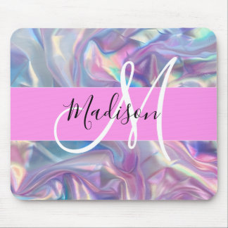 Girly Pink Holographic Iridescent Monogram Name Mouse Pad