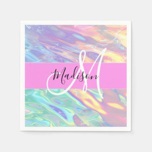 Girly Pink Holographic Iridescent Monogram Name Napkin