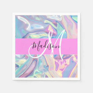 Girly Pink Holographic Iridescent Monogram Name Napkin