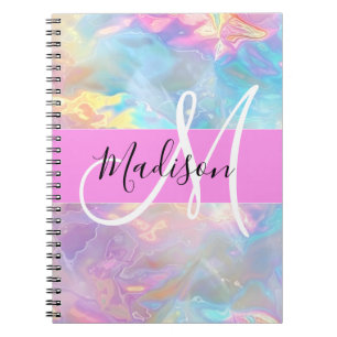 Girly Pink Holographic Iridescent Monogram Name Notebook