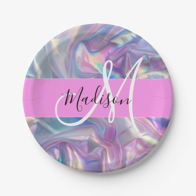 Girly Pink Holographic Iridescent Monogram Name Paper Plate (Front)