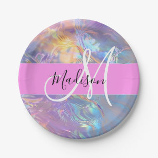 Girly Pink Holographic Iridescent Monogram Name Paper Plate