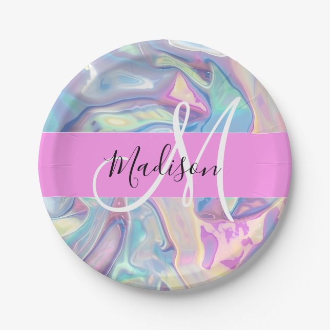 Girly Pink Holographic Iridescent Monogram Name Paper Plate (Front)
