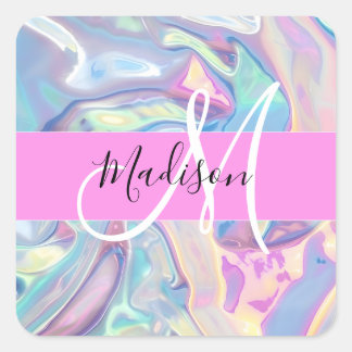 Girly Pink Holographic Iridescent Monogram Name Square Sticker