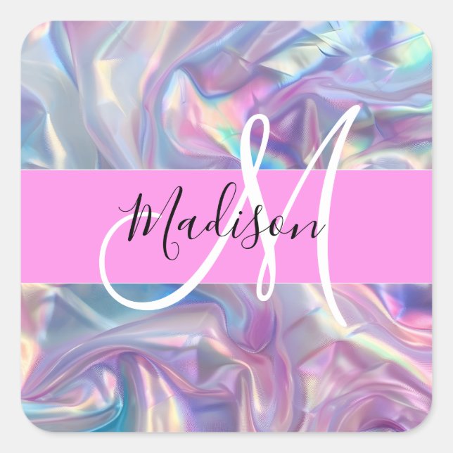 Girly Pink Holographic Iridescent Monogram Name Square Sticker (Front)