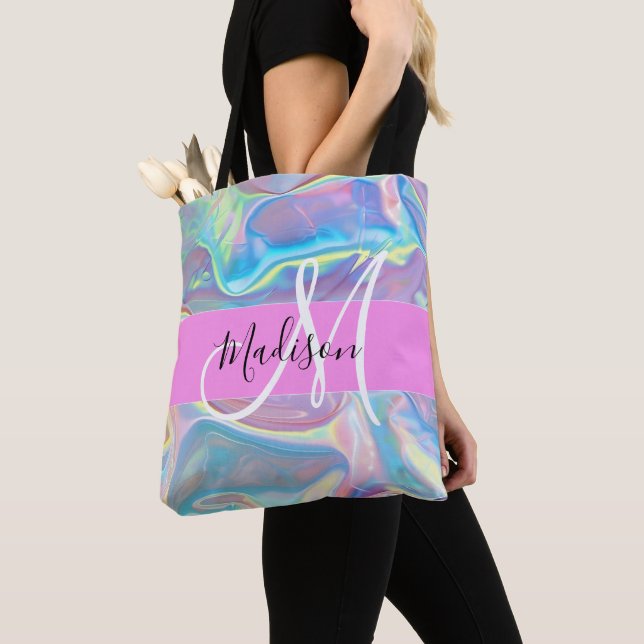 Girly Pink Holographic Iridescent Monogram Name Tote Bag (Close Up)