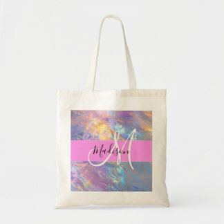 Girly Pink Holographic Iridescent Monogram Name Tote Bag