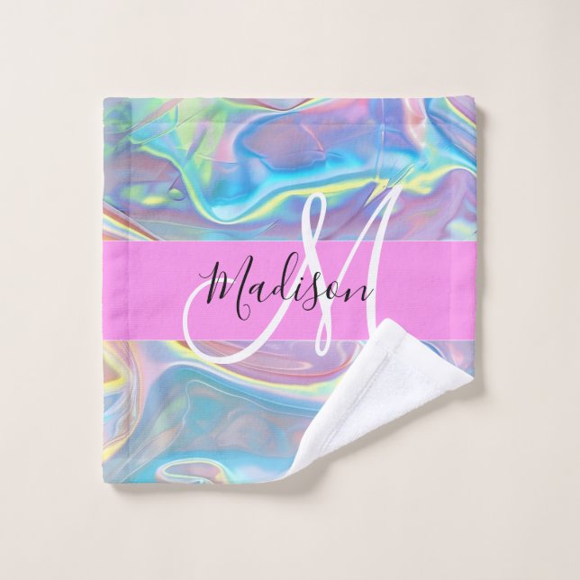 Girly Pink Holographic Iridescent Monogram Name Wash Cloth (Wash Cloth)