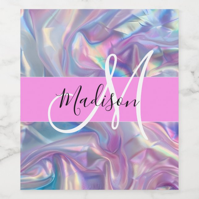 Girly Pink Holographic Iridescent Monogram Name Wine Label (Single Label)