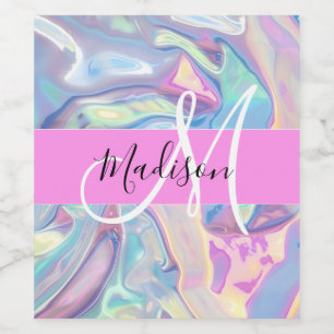 Girly Pink Holographic Iridescent Monogram Name Wine Label