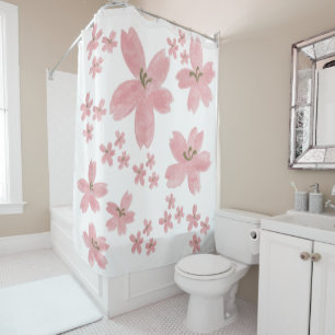 Girly pink japanese flowers white pattern for her shower curtain