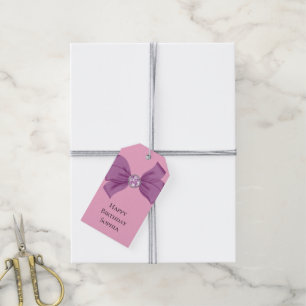 Girly Pink Jewel Purple Bow Birthday Gift Tags