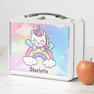 Girly Pink Kawaii Unicorn Cat Holographic Rainbow  Metal Lunch Box